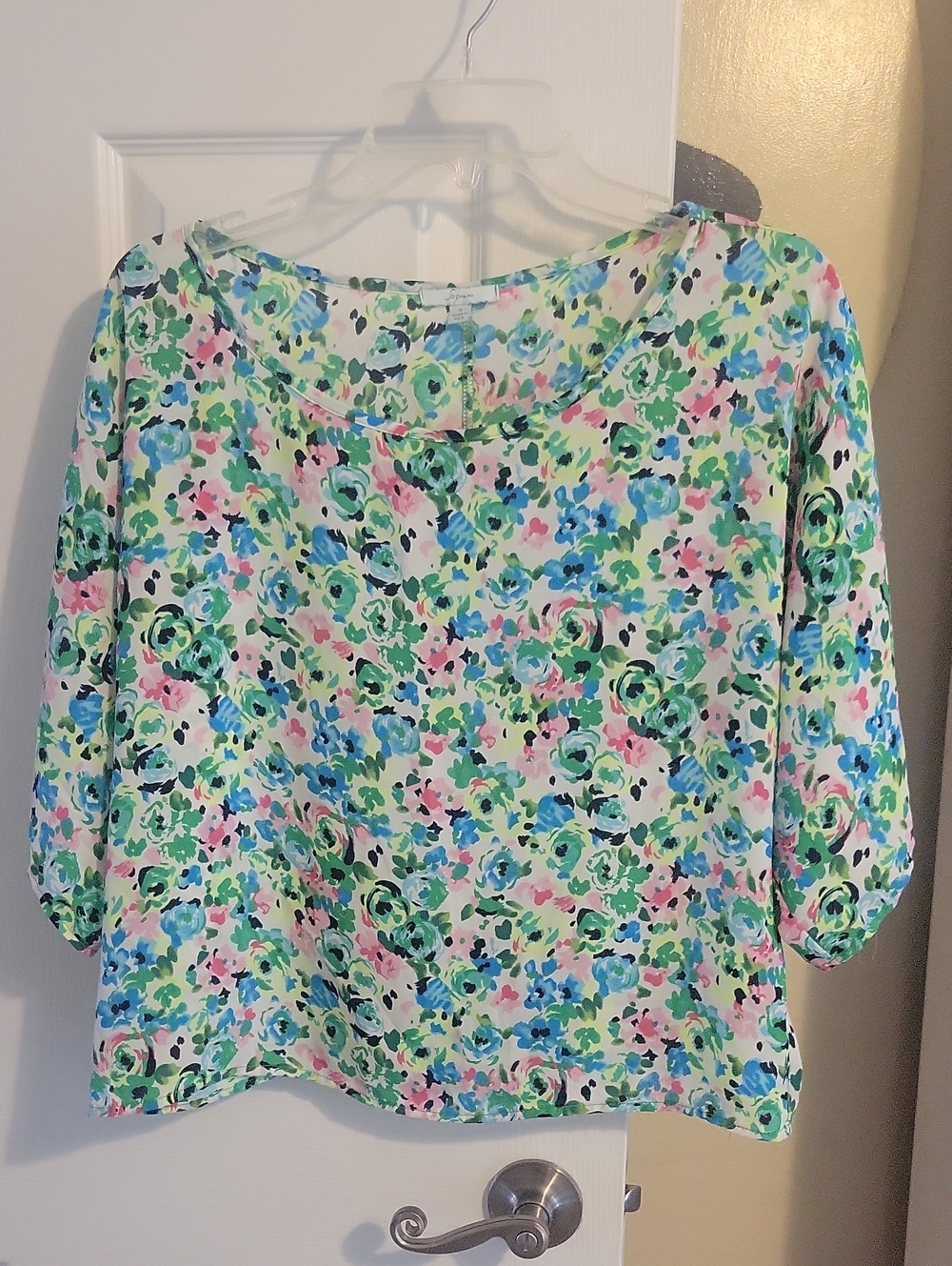 Soprano SzSm Women's Sheer Floral Scoop Neck Sheer Blouse - Green Pink Blue